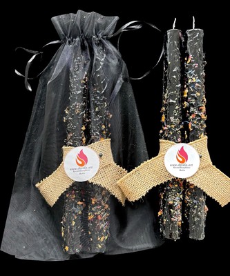 Schwarze Stabkerzen mit echten Blüten Hexenkerze Gothic Desing Ritualkerze 26 Cm