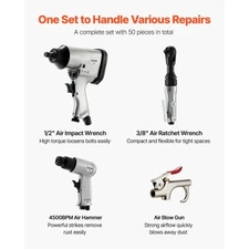 50 Pieces Pro Air Tool and Accessories Kit - 1/2" Air Impact Wrench, 3/8" Ratch