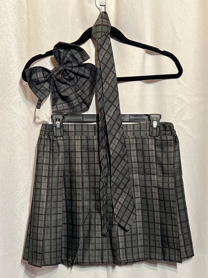 Plaid School Girl Costume Set M Includes Skirt Tie Bow & Black Thigh-High Stocki - Image 3 of 4