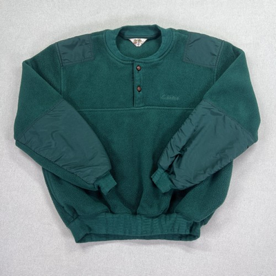 #ad VTG 90s Cabela#x27;s Sweatshirt Mens M Green Fleece Henley Elbow Patches Boxy MIC $39.88
