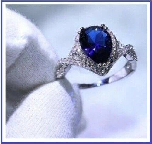 3.25 Ct Pear Shape Blue Sapphire & Diamond Engagement Ring 14K White Gold