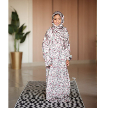 Girls Multicolor Kaftan Dress w/ Floral Pattern & Headscarf One Size