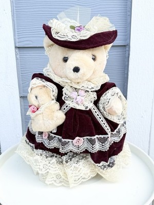 Dan Dee Beige Plush Bear Burgundy Lace Dress w/ Hat Accessories 16 
