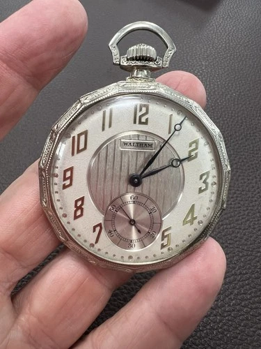 Antique Waltham 14K White Gold Pocket Watch, 38.4 DWT Total Weight, Works