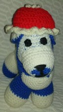 9 to 12 Handmade White And Blue Yarn Dog With 3 Red And White Yarn Hat Plush