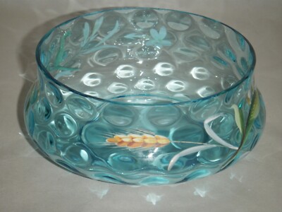 DELICATE THUMBPRINT CRYSTAL 1940'S GLASS BOWL BLUE AQUA TEAL WHEAT LILIES FLOWER