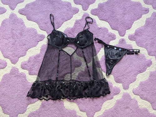Vintage Y2K Victoria's Secret Black Sequin Polka Dotted Babydoll Lingerie 36C/M - Afbeelding 10 van 17