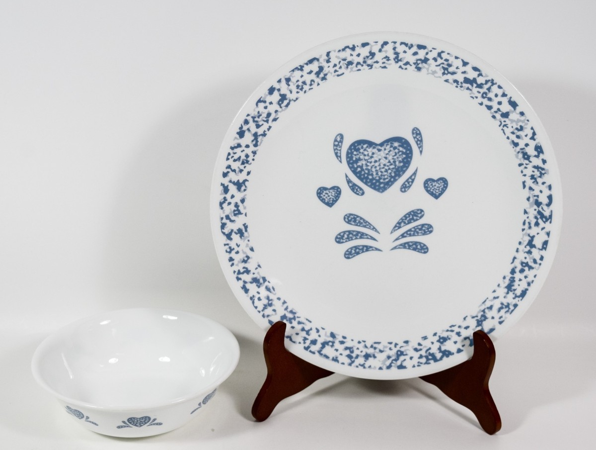 CORELLE by corning USA コレール　5+1 VTG CORELLE by Corning Blue Hearts Sponge Dinner Plate and Soup