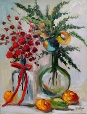 Painting Original Vase Still Life Christmas Art Flowers Fruit Decor Art 14x18