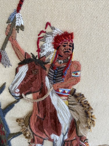 CARVED WOOD FRAME Art Embroidered Indian Chief Horse 22" x 26" - Picture 7 of 19