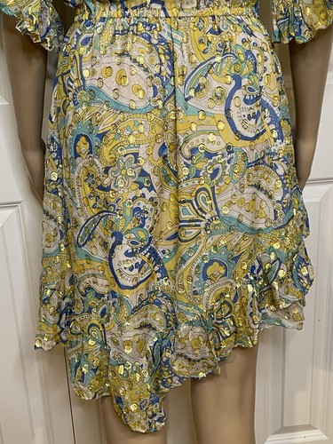 Shoshanna 6 Metallic Gold Multi Paisley Silk Ruffle Lined Giada Dress, No Belt - Picture 13 of 18