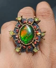 Genuine Oval Ammolite Ring Gemstone Garnet Peridot 925 Sterling Silver Jewelry