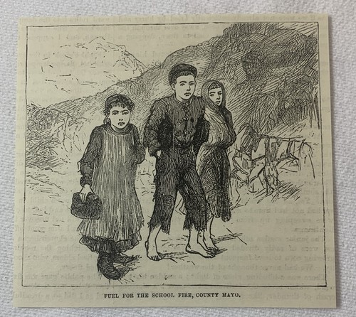 1880 magazine engraving~ FUEL FOR THE SCHOOL FIRE County Mayo, Ireland