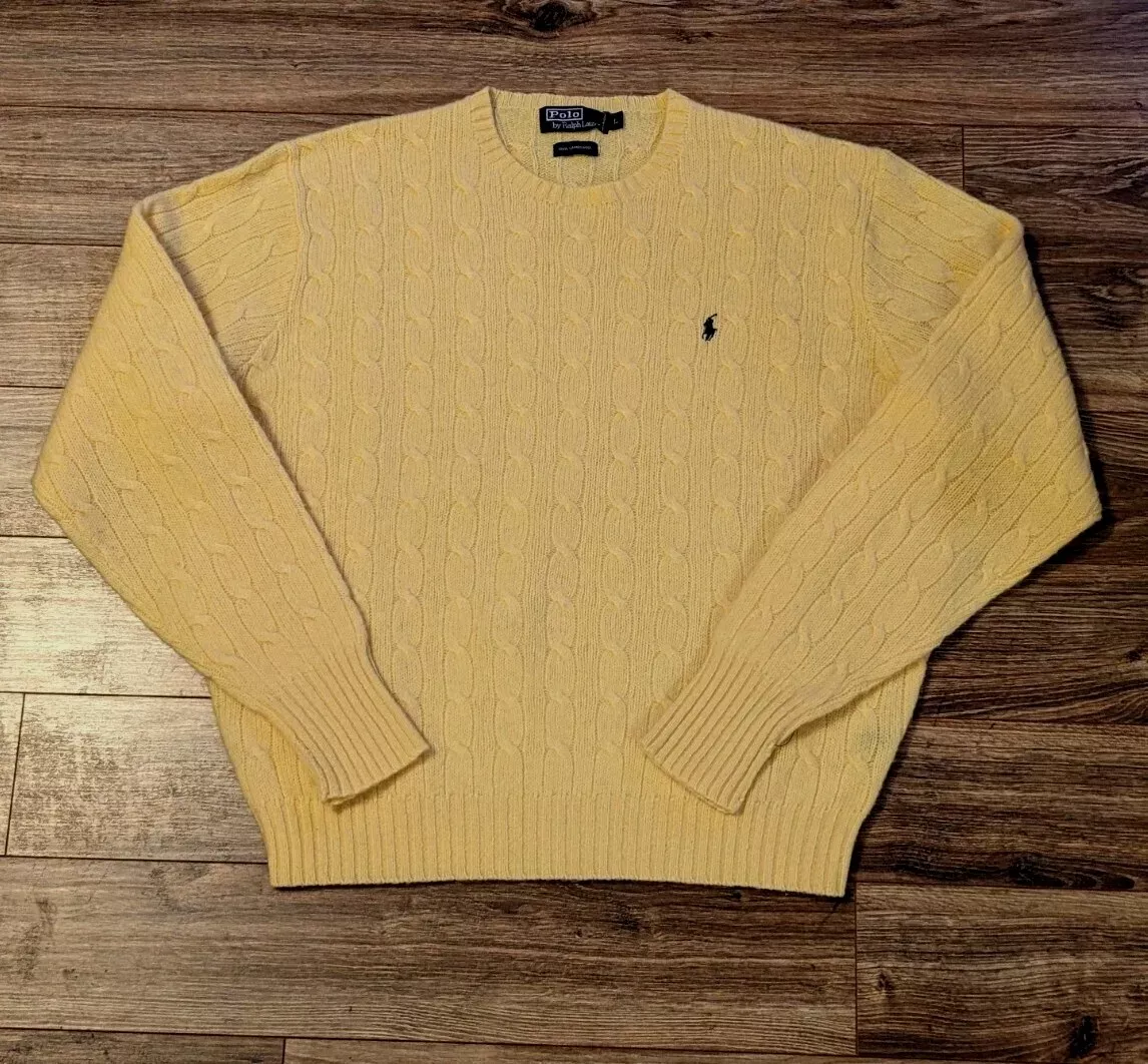 VTG 90's Polo Ralph Lauren Men's 100% Lambswool Yellow Cable Knit Sweater L EUC