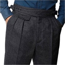 Retro Men's Woolen Gurkha Suit Dress Pants Straight Herringbone Tweed Trousers