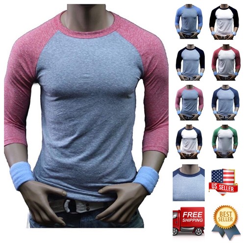 Mens T-Shirt 3/4 Sleeve Baseball Tri-Blend Casual Crew Neck Raglan Athletic Tee - Picture 2 of 11