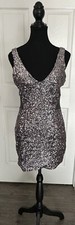 Bebe Silver Sequin Bodycon Sleeveless Mini Dress with Mesh Cutouts Size Small