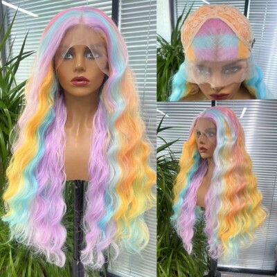 Rainbow Colorful Lace Front Wigs for Women 24 Inches Long  display picture 1