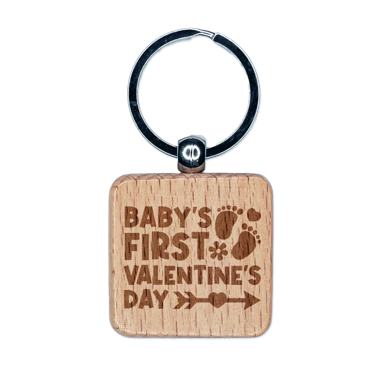 Baby's First Valentine's Day Engraved Wood Square Keychain Tag Charm
