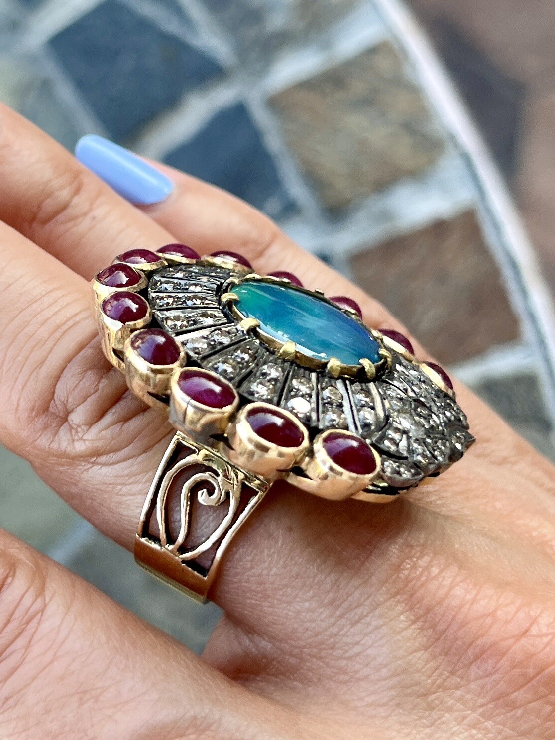 Opal Ruby Diamond Huge Shield Ring 14K Solid Gold… - image 4