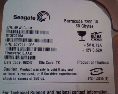 Festplatte IDE Seagate Barracuda 7200.10 80GB 3.AAD ST380215A 9CY011-305  - Bild 1 von 3