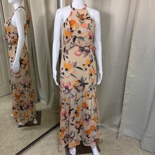 BCBGeneration Floral Halter Maxi Dress Peplum Ruffle Back Cutout Peach Orange 2
