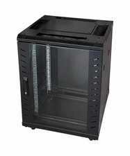 Freestanding Black Enclosed Server Rack Cabinet, Glass Front Door, Rack Rails