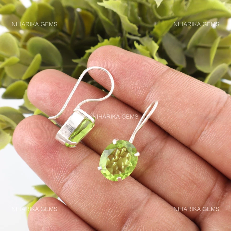 Oval Natürlich Peridot 925 Silber Art Déco Mutter Weihnachten Ohrhänger Ohrringe - Bild 4 von 4