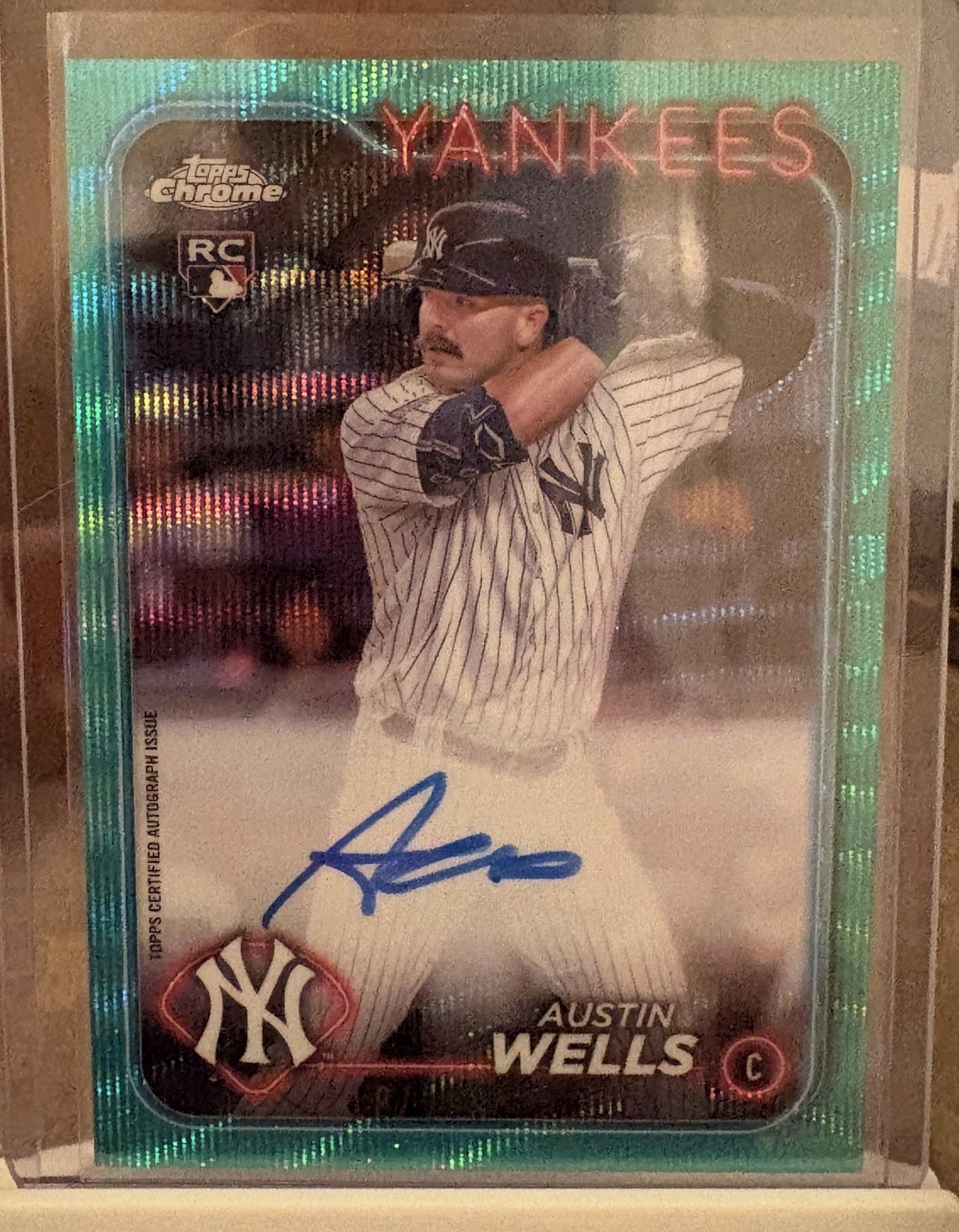 2024 Topps Chrome Rookie Auto Austin Wells #RA-AW Aqua Wave Refractor 118/199