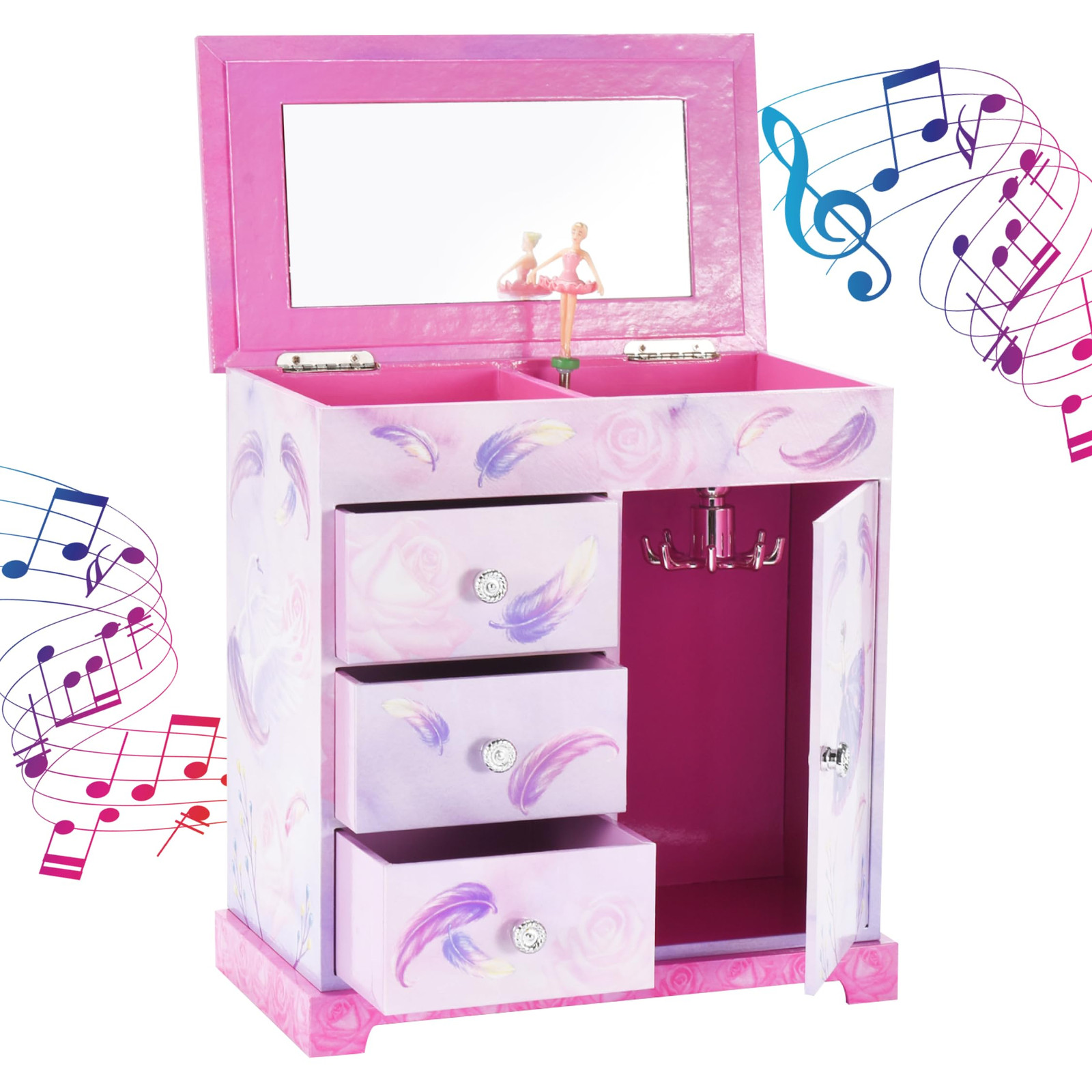 Pink and Purple Ballerina 3 Drawers Jewelry Box for Girls - Little Girl's Woo...