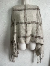 Plaid Cream/ Black Fringed Jacquard Shaw Poncho Blanket Wrap Scarf Preppy Tassle