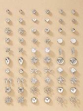 30 Pairs Silver Women s Assorted Stud Earring Set With Pearl Heart Bow