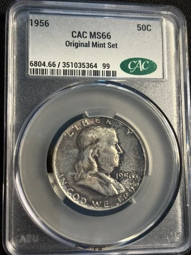 1956 Franklin Half Dollar, CAC Graded MS66 Toned, Original Mint Set,  50C