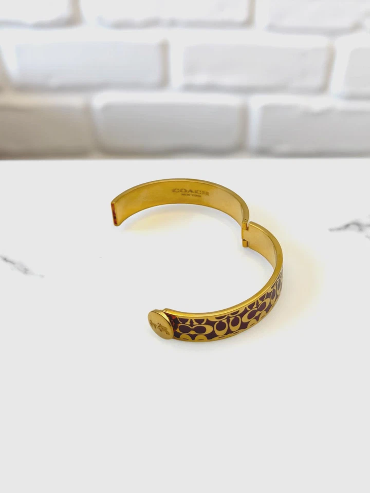 Coach Signature Gold Bordeaux Ox Blood Enamel Hinged 1/2 inch Bangle Bracelet - Image 3 of 3