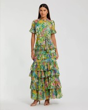 Mac Duggal 8112 Green Ruffle Tiered Chiffon Floral Dress Sz 6 NEW