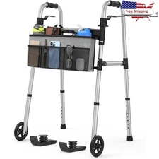 Folding Compact Standard Walker W/ Basket & Glide Skis 5" Wheels Lightweight New
