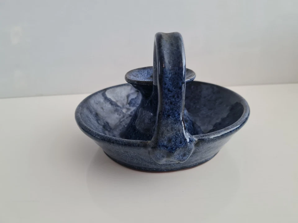 Vintage Whatstandwell Studio Pottery Candlestick Chamberstick Blue Candle Holder - Image 2 of 4