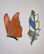 2 Vintage Handmade Stained Glass Hanging Suncatchers Butterfly Feather 6-8"