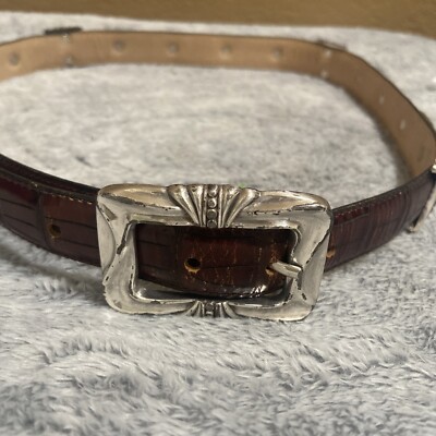 Vintage Enmon Brown Leather Belt Ornate Silver Buckle SZ L  display picture 3