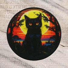 Black Cat Patch Iron-on Applique Cosplay Full Moon Spooky Scary Animal Badge