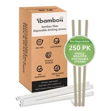 Ibambo Bamboo Disposable Straws - 250 Pack, Single Wrapped Compostable Straws 