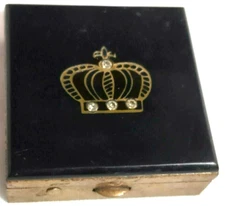 Metal VTG Compact Hinge Lid Pocket Purse 1940's - 1950's Crown Rhinestones Black