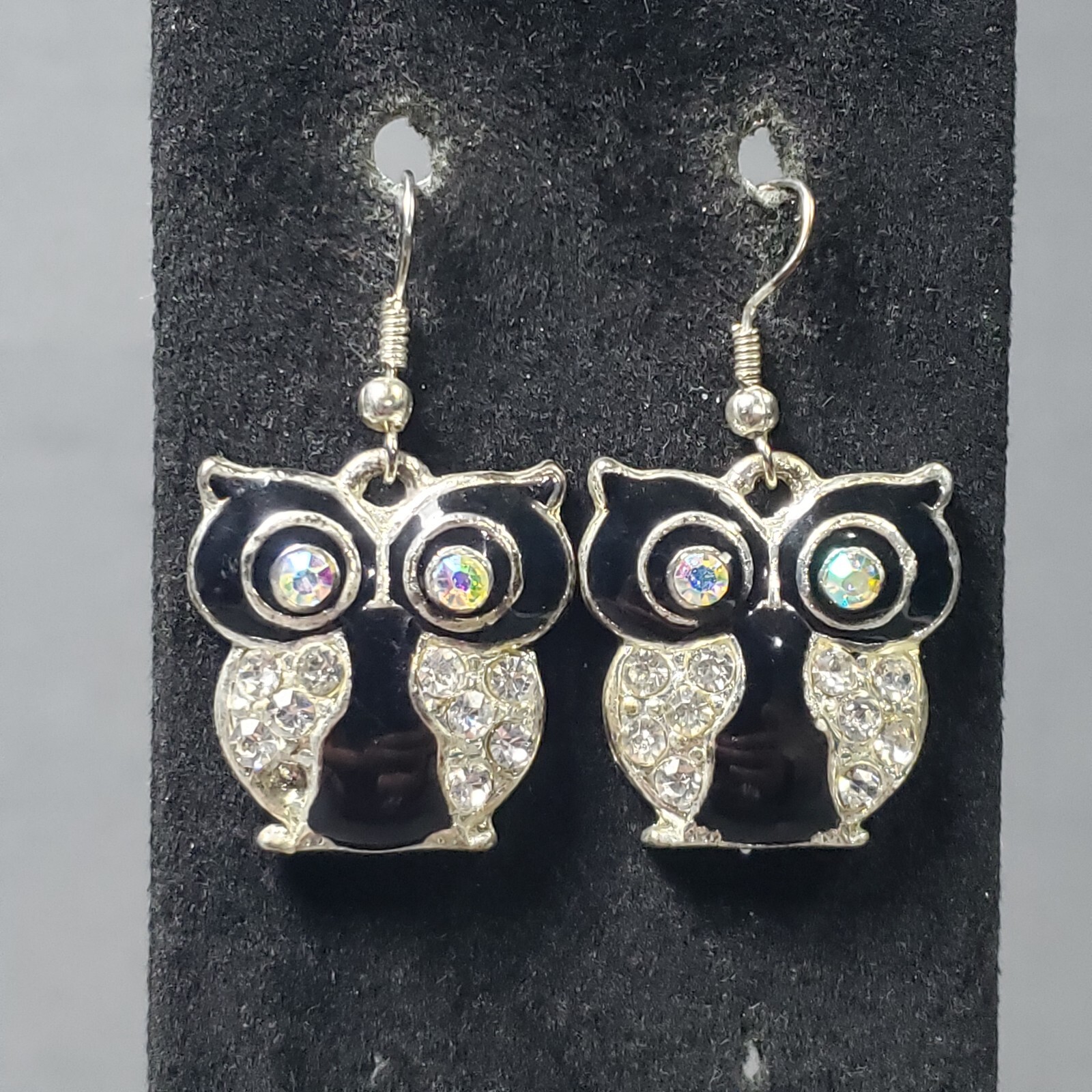 Dangle Owl Earrings Silver Tone AB Rhinestones Modernist Boho Pierced 1.5