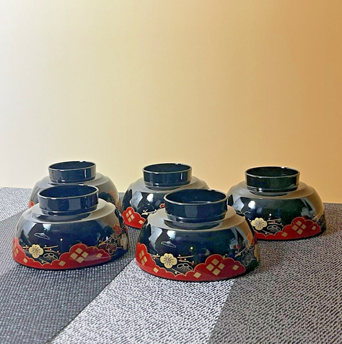 Juego de 5 tazones de sopa lacados vintage - laca Yamanaka - artesanía tradicional - Imagen 19 de 20
