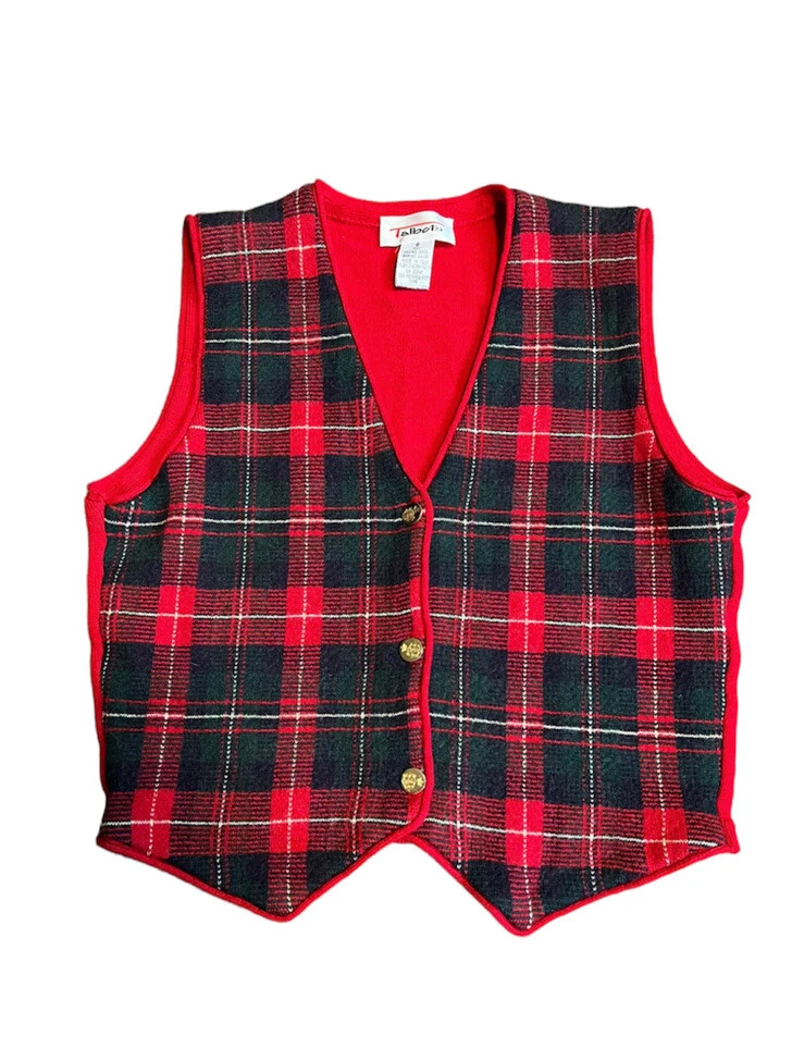 Vntg Talbots Wool Red Green Tartan Plaid Sweater Vest Gold Buttons V Neck  Sz S | eBay
