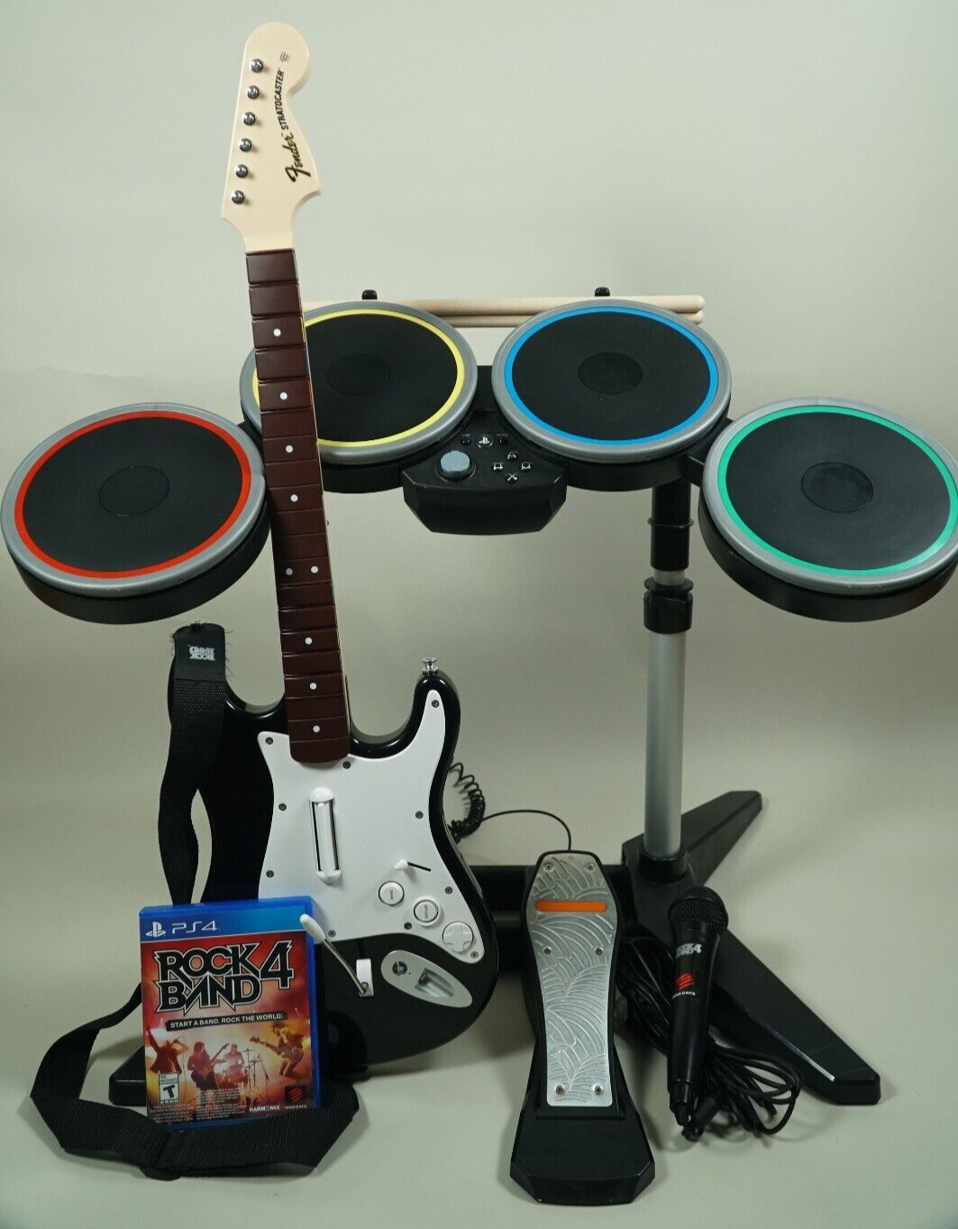 Rock Band 4 PS4 Wireless Bundle Fender Guitar Drums Mic Game PS5