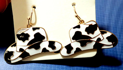 BEAUTIFUL BLACK & WHITE COW PATTERN COWBOY HAT EARRINGS NO lapel pin BADGE