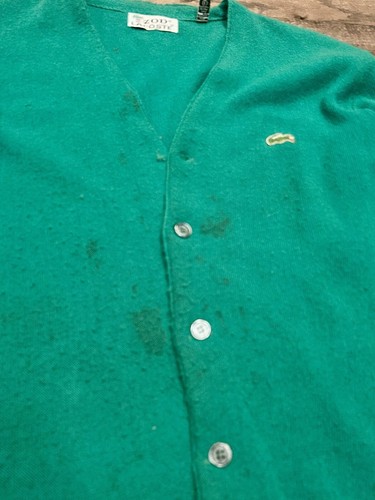 Cardigan vintage Izod Lacoste uomo L verde bottoni davanti maglione acrilico ~ macchie - Foto 7 di 8