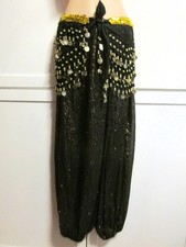 Belly Dance 2 Pc Black Gold Costume - Harem Pants Coin Hip Wrap Scarf