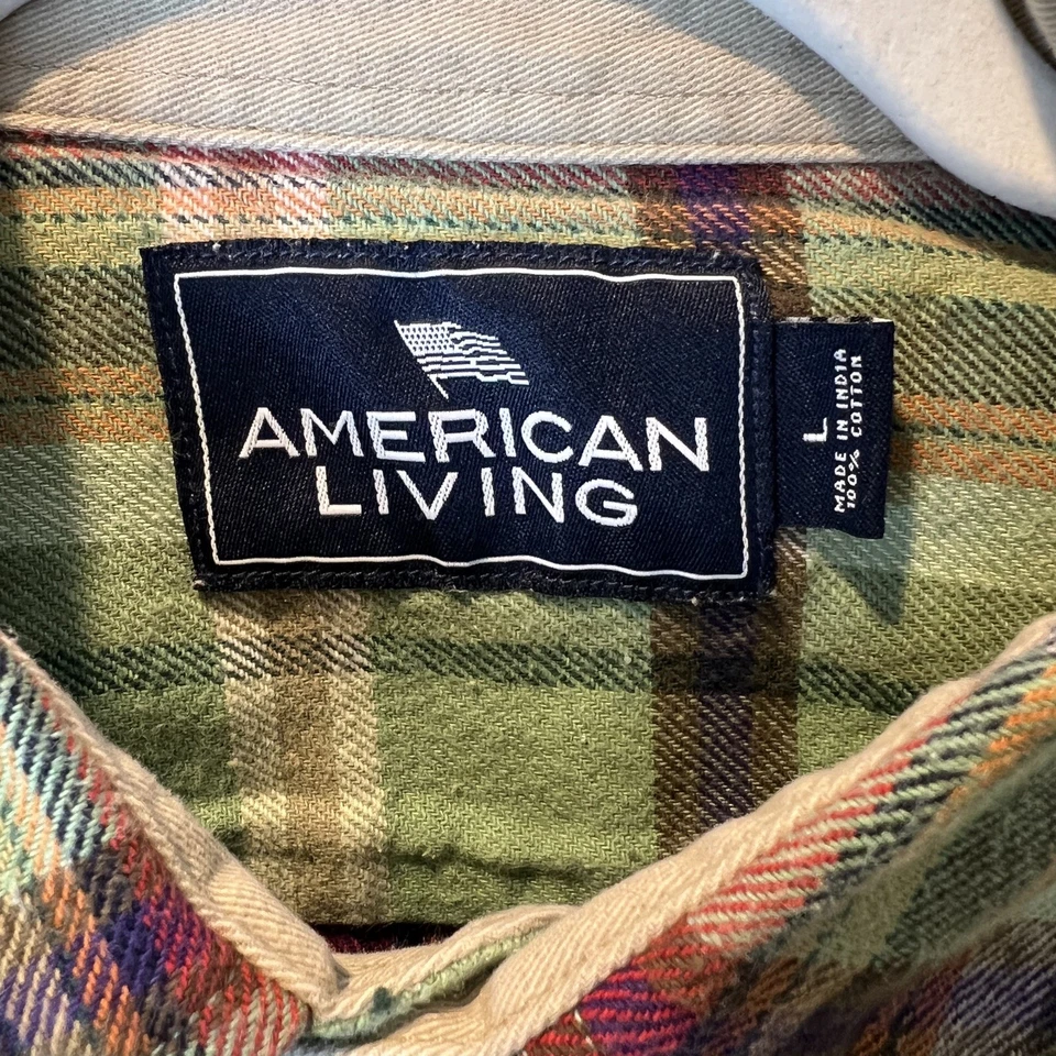 Camisa masculina vintage American Living verde vermelha xadrez flanela algodão botão para baixo - Imagem 4 de 4